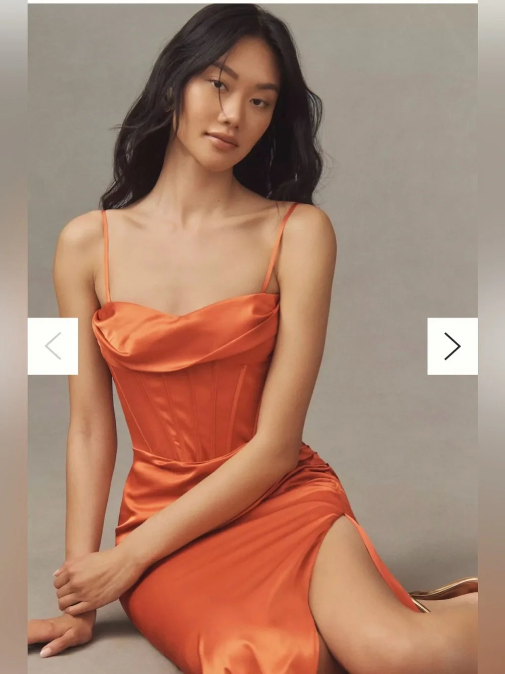 NWT Mac Duggal Sweetheart Bustier Ruched Satin Side-Slit Gown in Burnt Orange. - Picture 3 of 3